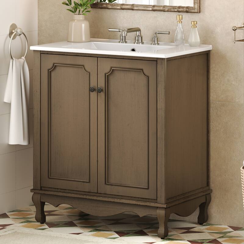 30-Inch Vintage Bathroom Vanity, Rectangle Ceramic Sink, 2 Doors, Solid Wood Legs and Adjustable Shelves