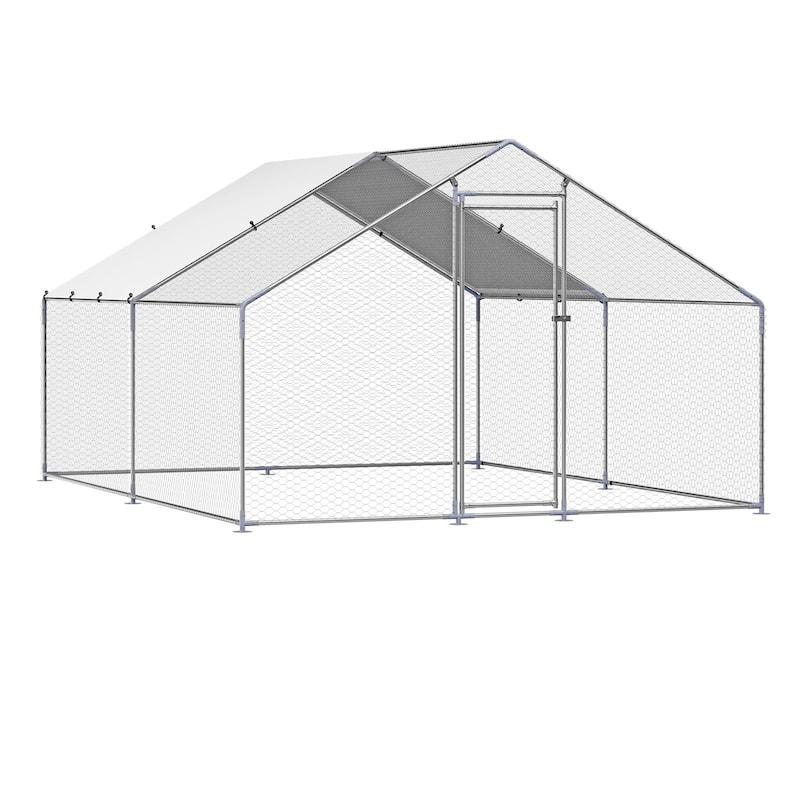 Silver Galvanized Steel Chicken Coop with Protective Net and PE Tarp Cover - 3x4x2 m - Spire