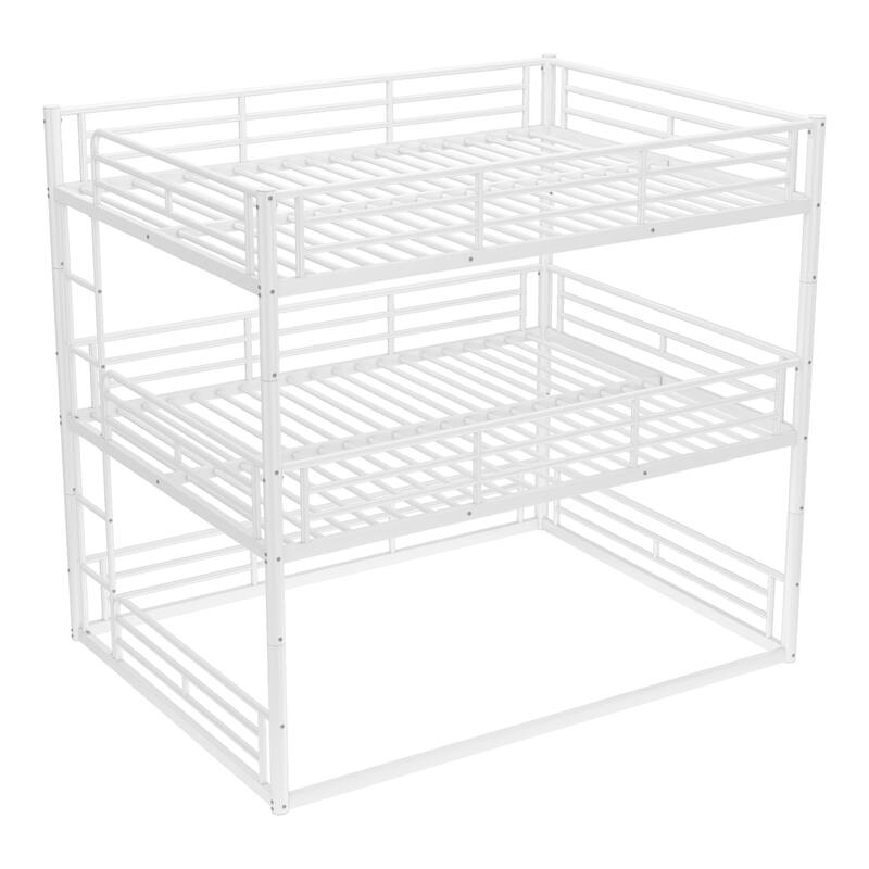 Queen over Queen over Queen Bunk Bed, Metal Triple Bunk Bed with Safety Guardrails, Bunk Bed with Noise-reduced Design