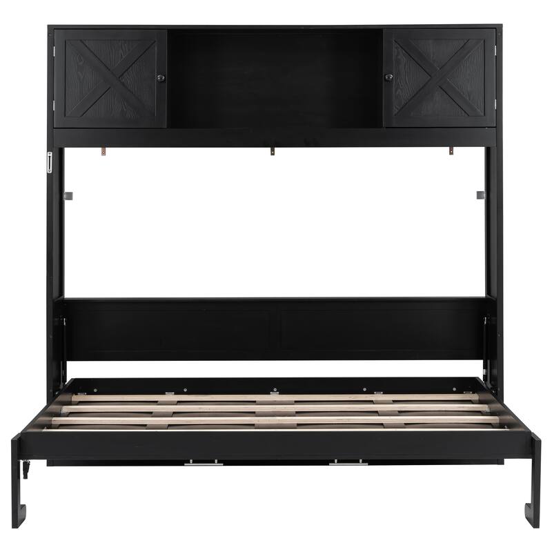 Full Size Murphy Bed Cabinet with Top Cabinet and Open Shelves, Wooden Foldable Wall Platform Bed, Hidden Murphy Bedframe Chest