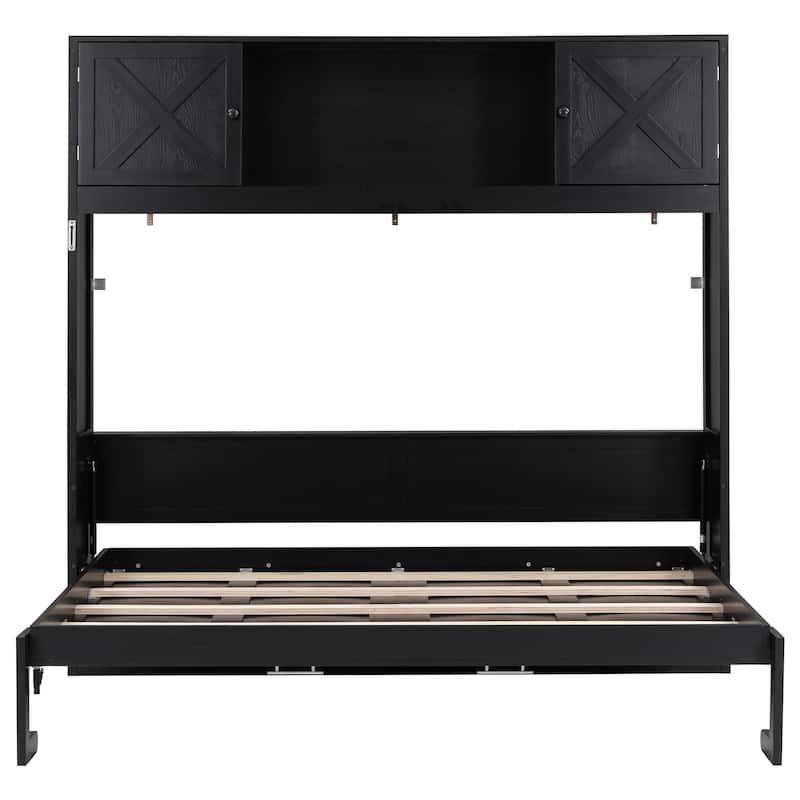 Full Size Solid Wood Murphy Bed with 3 Storage Cabinets and 600lb Weight Capacity