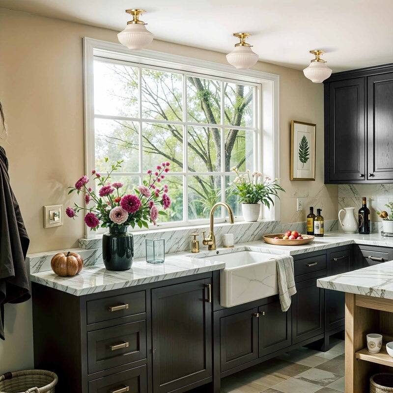 Everly Semi-Flush Mount - Metal, Glass Gold, Ivory White 1-Light Ceiling Light for Kitchen or Hallway in Modern, Farmhouse Style