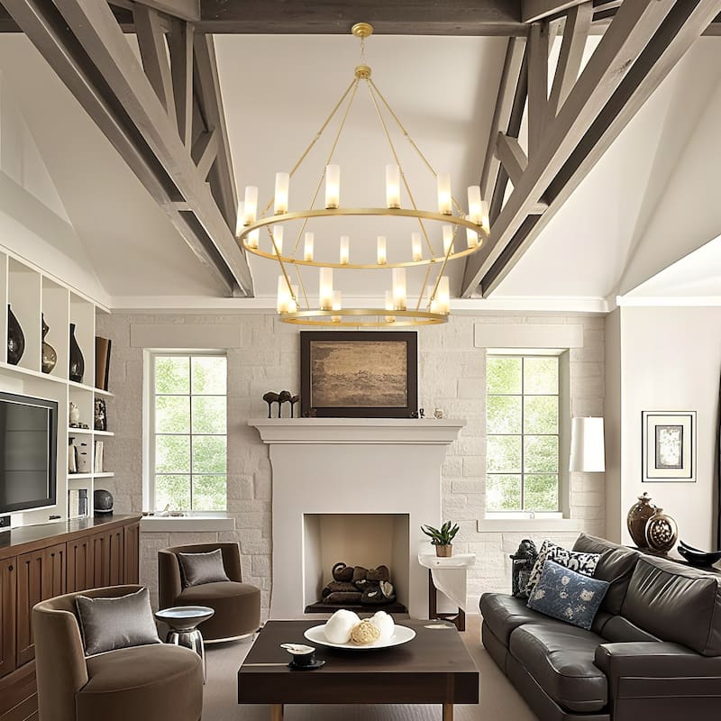 24 - Light 2 - Tier Gold Wagon Wheel Chandelier, 48.6" Wide, Frosted Glass Shades - Brushed Brass