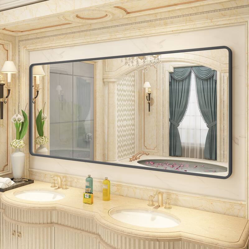 Aluminum alloy Framed Tempered Glass Wall Bathroom Vanity Mirror - 72" x 36" - Black