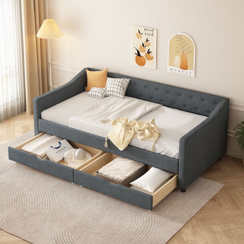 Linen Upholstered Daybed with 2 Drawers, Wooden Platform Sofa Bed Frame with Button Tufted Backrest, No Box Spring Needed