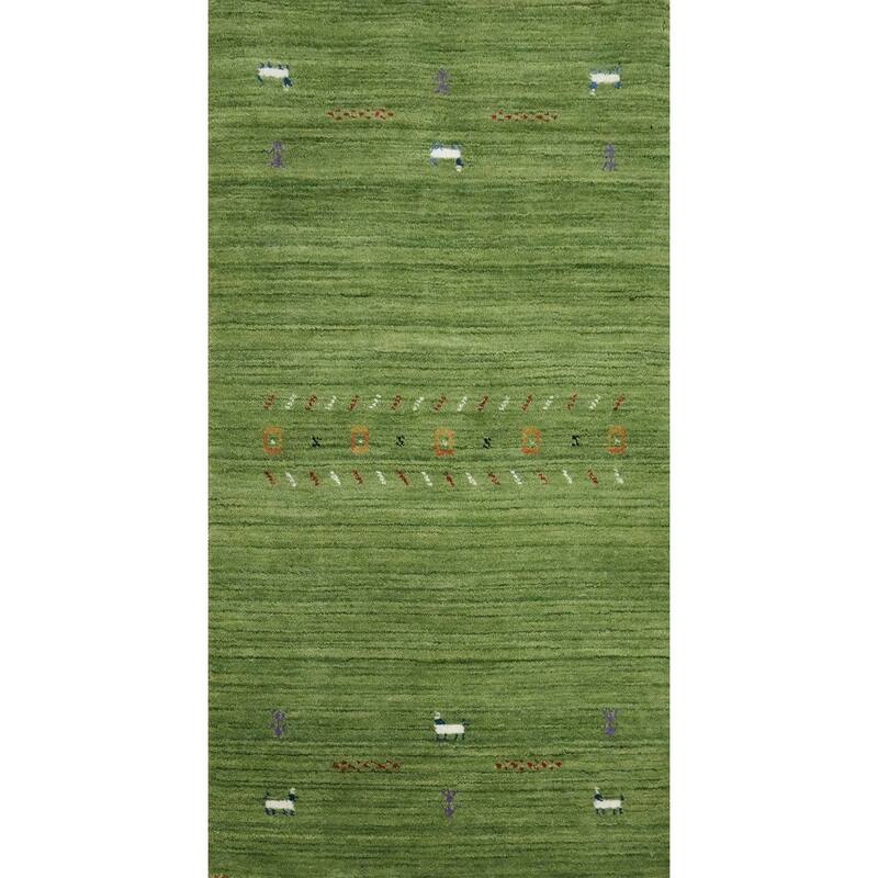 Hand Knotted Oriental 100% Wool Carpet Tribal Animal Pictorial Green Gabbeh Runner Rug - 4' 6'' X 2' 2''