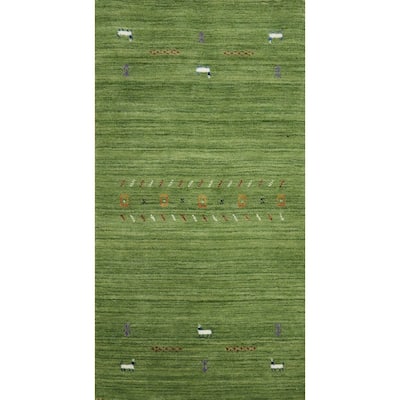 Hand Knotted Oriental 100% Wool Carpet Tribal Animal Pictorial Green Gabbeh Runner Rug - 4' 6'' X 2' 2''