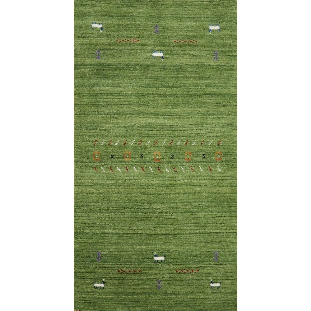 Hand Knotted Oriental 100% Wool Carpet Tribal Animal Pictorial Green Gabbeh Runner Rug - 4' 6'' X 2' 2''