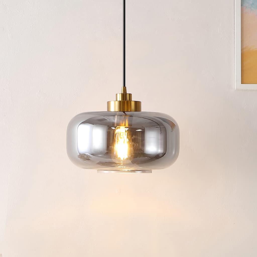 SAFAVIEH Lighting Airina Glass Shade Pendant - 11 In. W x 11 In. D x 25477 In. H - Smoke Grey/Brass - 11Wx11Dx69H