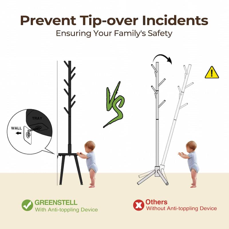 Coat Rack, Wooden Coat Rack Freestanding with Shelf, Coat Tree with 4 Height Options 50.5"-72.6"Hanger Stand