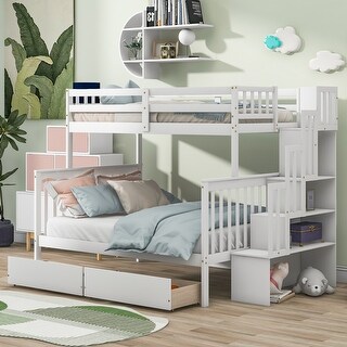 White Twin Over Full Pine Bunk Bed with Staircase Storage, Drawers, Convertible