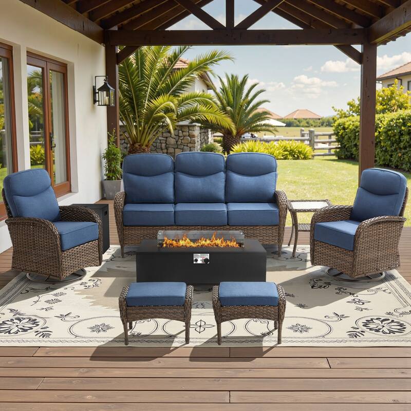 Meyreso 7-Piece Wicker Outdoor Patio Fire Pit Sofa Set with 6-Inch Thick Cushions - Brown Wicker - Navy Blue Cushions