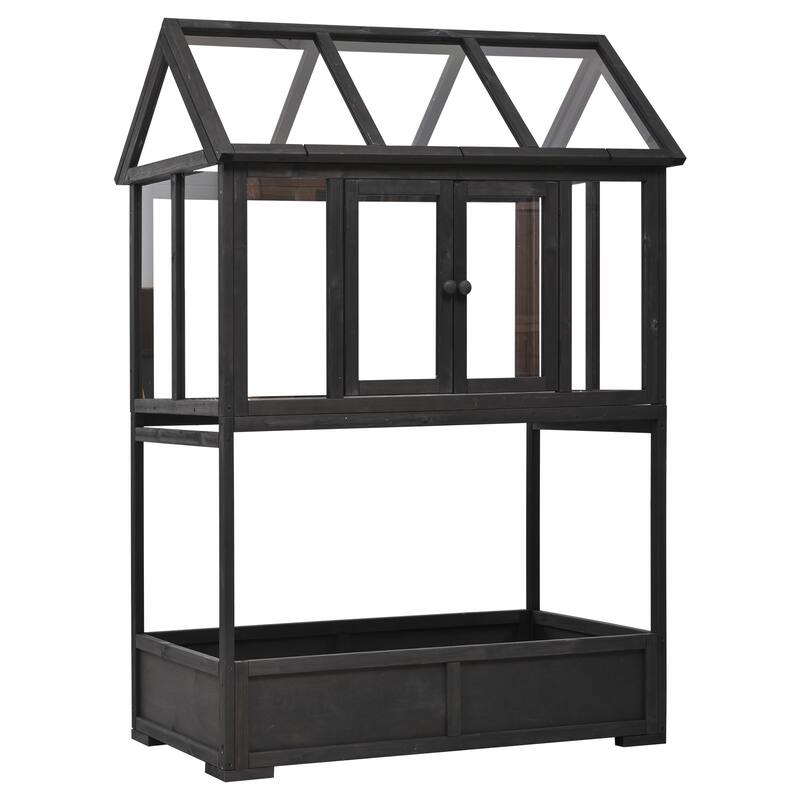 Garden Wood Portable Cold Frame with Movable Wheels Mini Greenhouse with Openable Roof and Storage Box