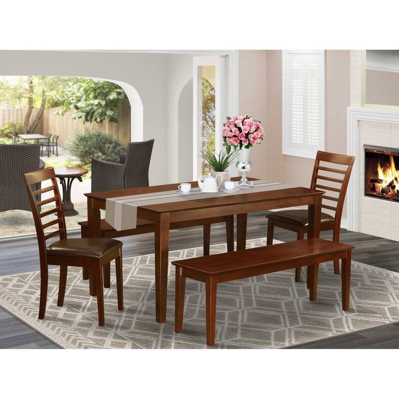 HomeStock 5-Piece Rectangle Mahogany Finish Solid Wood Top Dining Table with 2 Benches, 2 Chairs