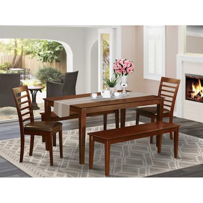 HomeStock 5-Piece Rectangle Mahogany Finish Solid Wood Top Dining Table with 2 Benches, 2 Chairs