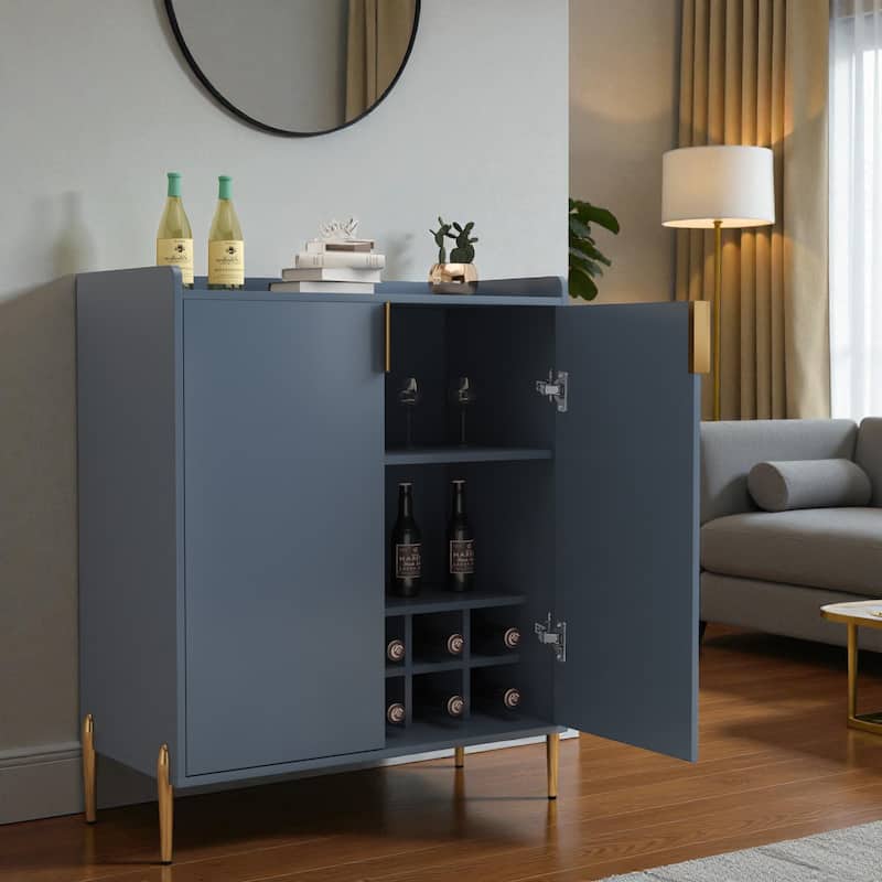 Modern 2-Door Wine Bar Cabinet with Bottle Storage Rack and Adjustable Shelf, Buffet Sideboard for Kitchen or Coffee Bar