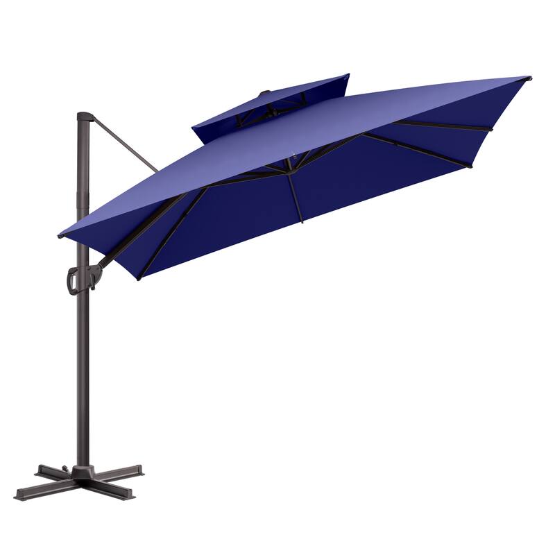 VredHom Double Top 10x10 FT Square Patio Cantilever Umbrella with Cross Stand - Navy Blue