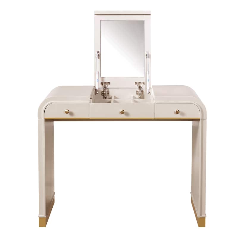 Roomfitters Flip Top Vanity Desk with Mirror and Hidden Storage, Modern Makeup Table with Gold Trim for Small Space