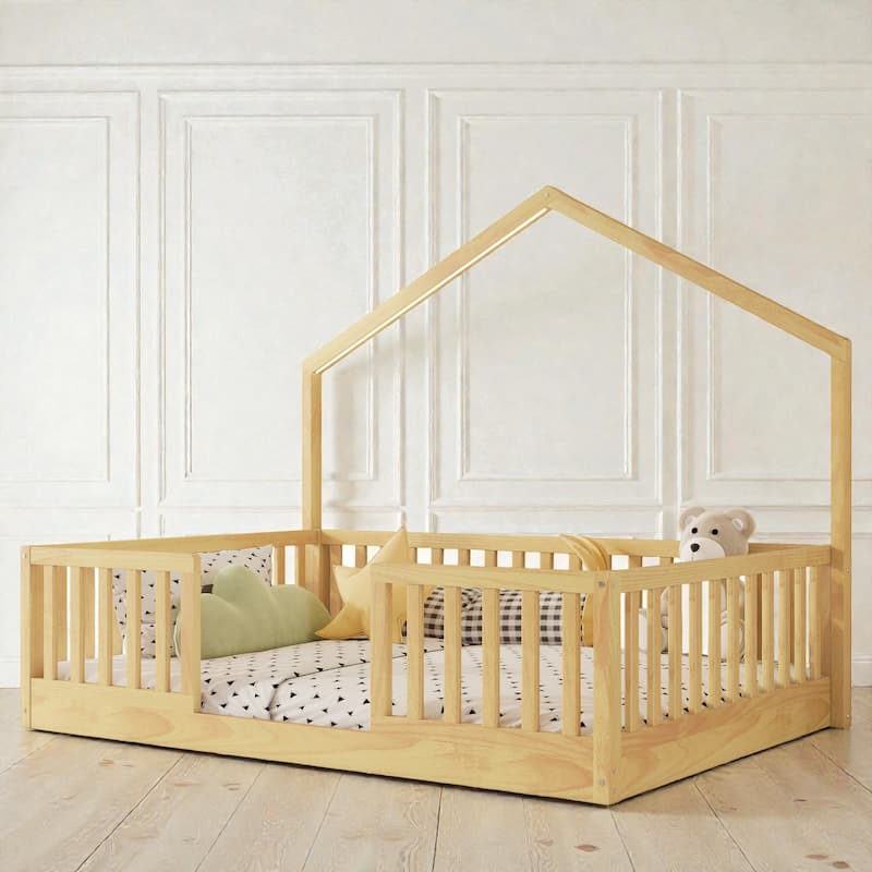 Wood Floor Bed with High Guardrails and LED Light, Montessori Style Low Profile Bed for Kids