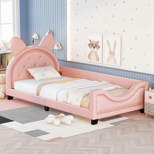 slide 2 of 12, Twin Size PU Leather Upholstered Daybed for Kids with Cartoon Ears Headboard and Nailhead Trim Pink