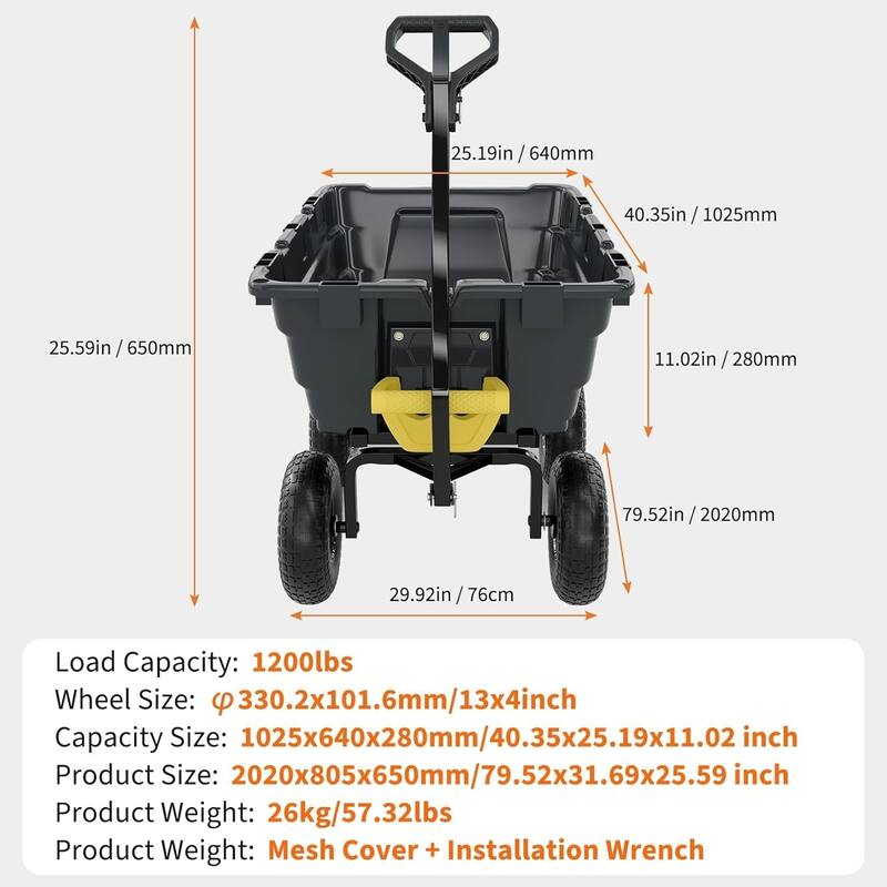 Heavy-Duty 1200lb Yard Dump Cart 7 Cu Ft Bed 2-in-1 Handle and 13In All-Terrain Tires