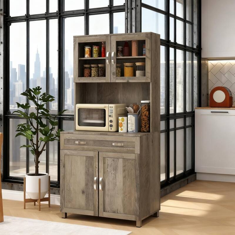 67" Retro Buffet with Hutch, Kitchen Pantry Storage Cabinet with Shelves, Drawers, Framed Glass Doors, Open Countertop