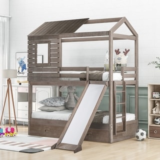 Twin Over Twin Bunk Bed,Wooden House Shape Loft Bed with Slide Storage ...