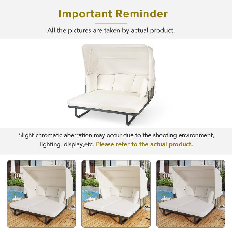 57" Outdoor Patio Rattan Daybed Sunbed with Retractable Canopy and Pillows
