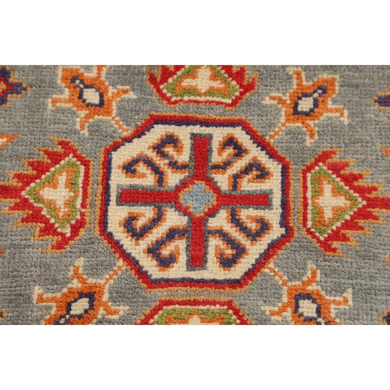 Geometric Kazak Accent Rug Hand-Knotted Grey Wool Carpet - 2'8" x 4'1"