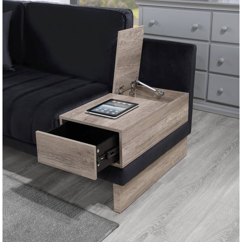 122.5"W Black Velvet Reversible Sofa Ottoman with Storage, USB & Charging, 4 Pillows