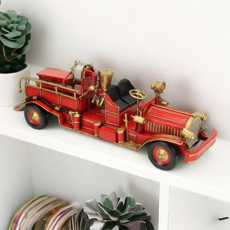 HomeRoots 6" Red and Gold Metal Hand Painted Early 20th Century Red Fire Engine Model Car - 17' X '6' X '5 - 17' X '6' X '5