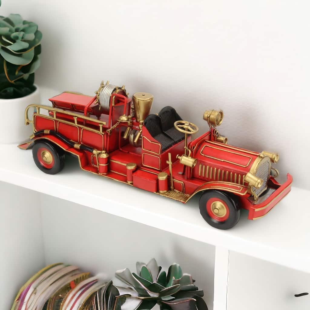 HomeRoots 6" Red and Gold Metal Hand Painted Early 20th Century Red Fire Engine Model Car - 17' X '6' X '5