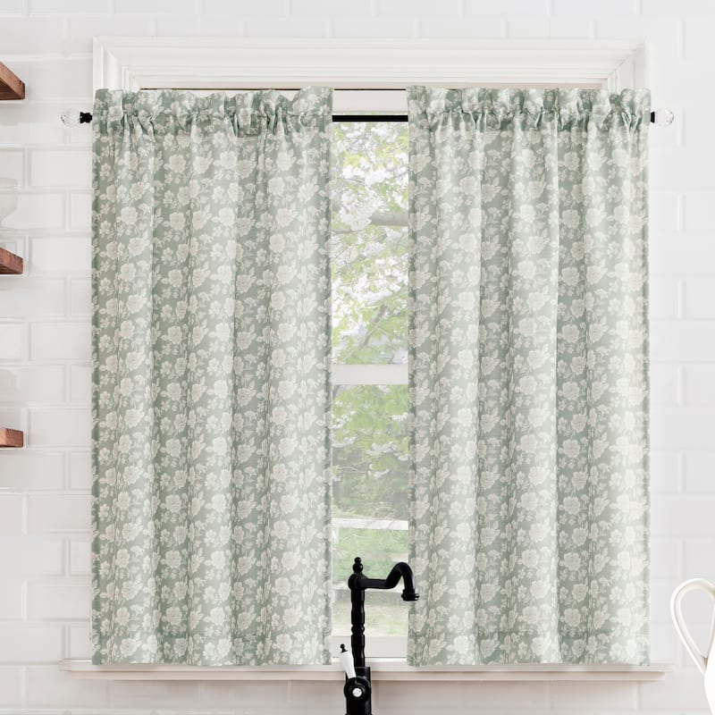 No. 918 Mistral 2-pack Floral Semi-Sheer Rod Pocket 2-Piece Kitchen Curtain Tier Pair - 54" x 24" - Sage Green