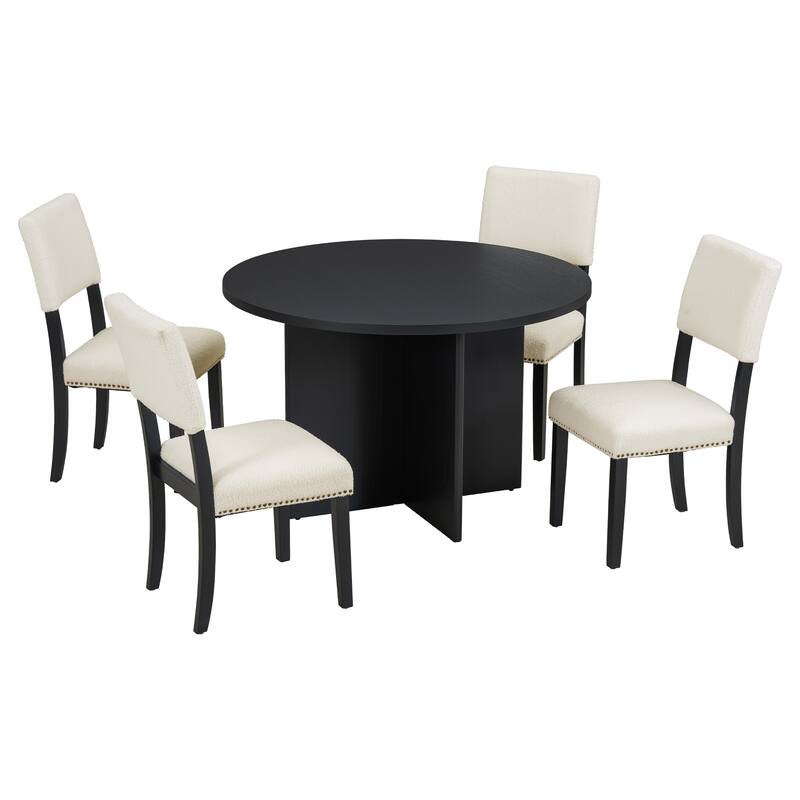 5-Piece Farmhouse Wooden Dining Set with Round Table & 4 Chairs