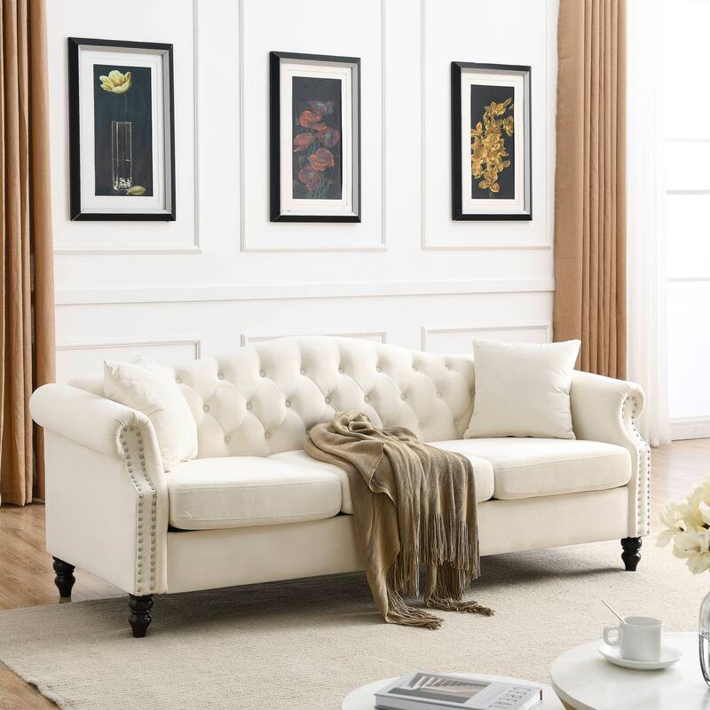 Chesterfield 3+3 Velvet Sofa Set with Nailhead Trim, Rolled Arms, and Throw Pillows, Perfect for Living Room