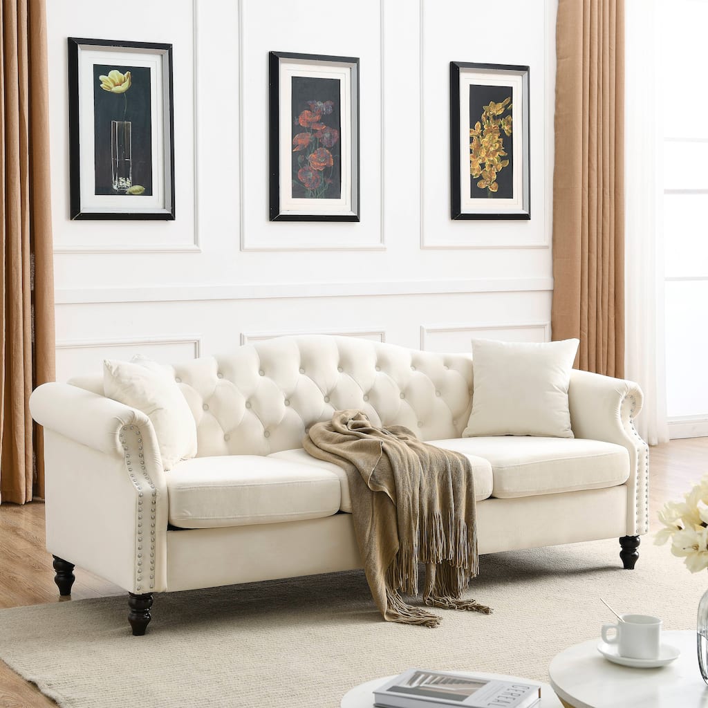 Classic 3-Seater Chesterfield Sofa with Velvet Upholstery and Solid Wood Frame