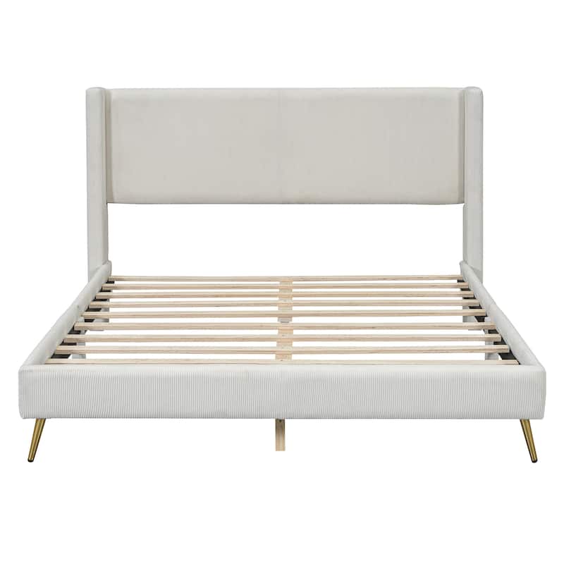 Beige Queen Corduroy Platform Bed with Tufted Headboard