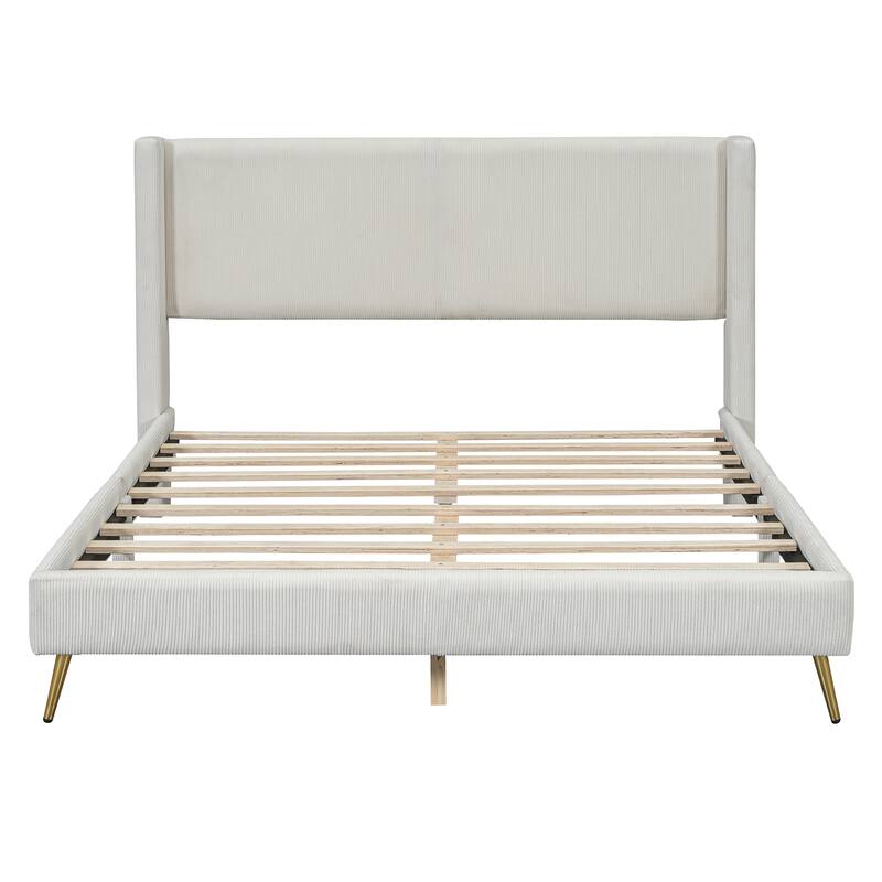 Stylish Queen Platform Bed with Corduroy Upholstery and Metal Legs - No Box Spring Needed