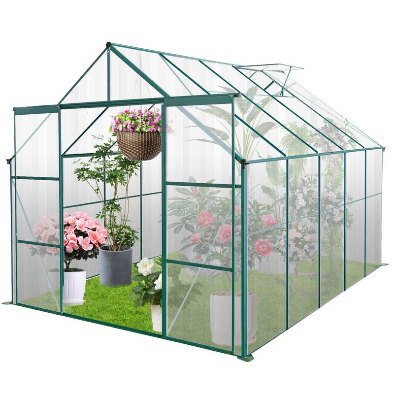 8x10FT Double Door Polycarbonate Greenhouse Raised Base and Anchor Aluminum Heavy Duty Walk-in Greenhouses for Outdoor Backyard