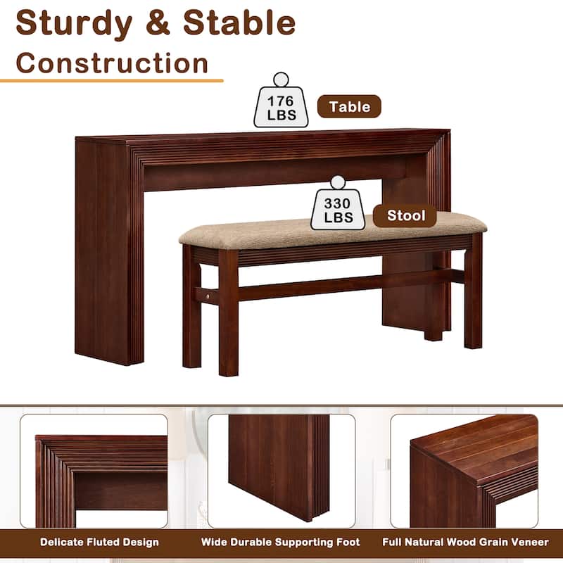 Fluted Counter Height Bar Table Set for Two with Upholstered Bar Stool and Solid Wood Legs