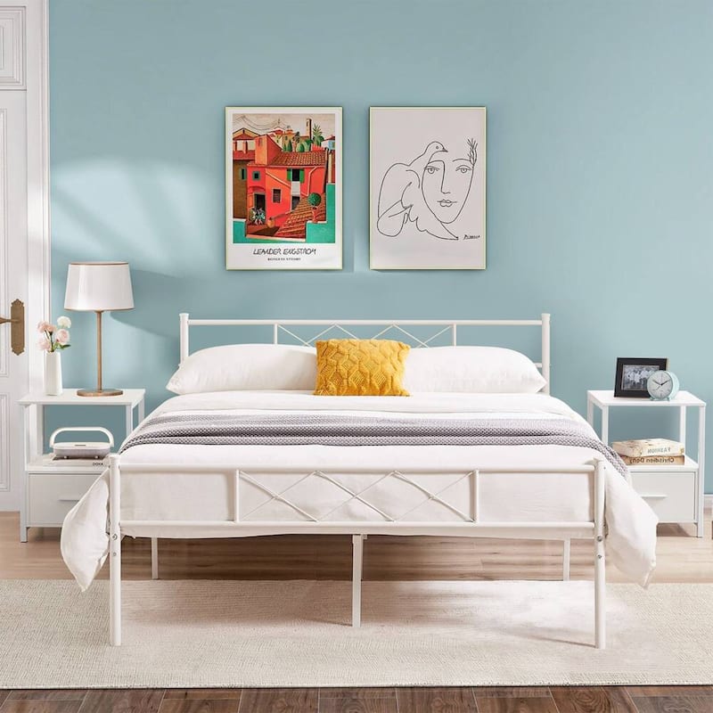 VECELO Industrial 3-Piece Bedroom Set Metal Bed Frame with Headboard and Modern Nightstand Set of 2