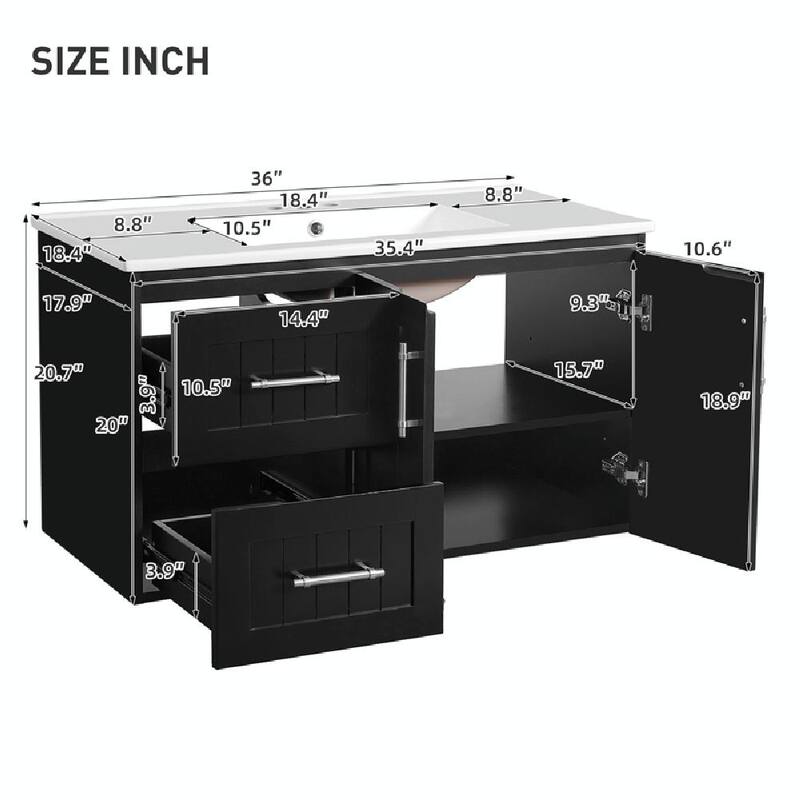 36'' Wall Mounted Bathroom Vanity - Floating Bathroom Storage Cabinet with 2 Drawers, 3 Holes Single Ceramic Sink