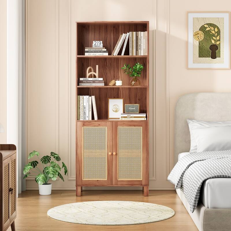 Tall Bookcase with Rattan Doors,5 Tier Storage Wood Shelves Large Bookshelf for Library Living Room Bedroom Home Office