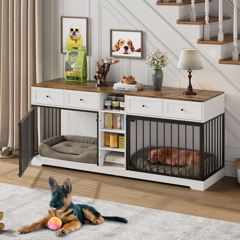 Wooden Dog Cage Crate Furniture TV Stand Large Dog Kennel with 4 Drawers and Shelves for 2 dogs - White