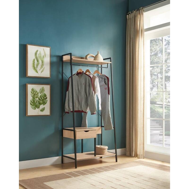 Metal Clothes Rack with Hanging Rod and Top Open Shelf - Light Brown