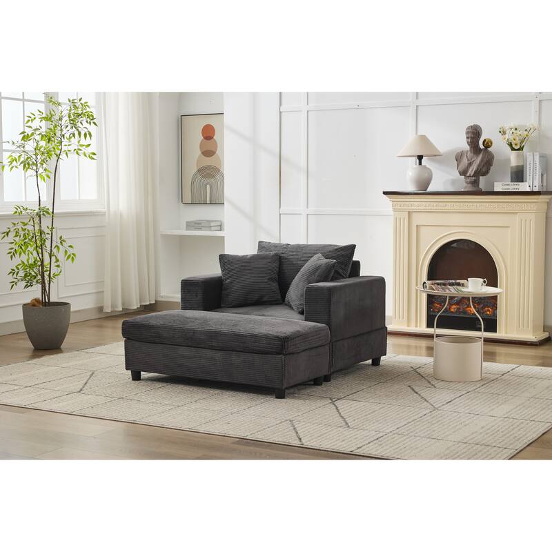 Chaise Lounge Chair with Removable Ottoman, Modern Accent Armchair Corduroy Sleeper Sofa Chair with Pillows for Living Room