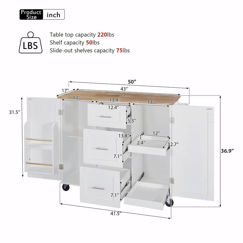 Rolling Kitchen Island with Rubber Wood Top, Drawers, Shelves, Internal Storage, Wheels, Spice & Towel Racks