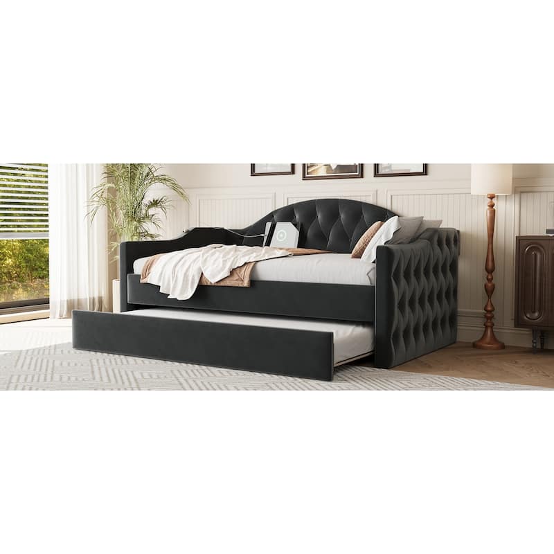 Tufted Upholstered Frame Daybed Velvet Sofa Bed with USB and Type-C Charging Ports, Twin Platform Low Profile Bed with Trundle