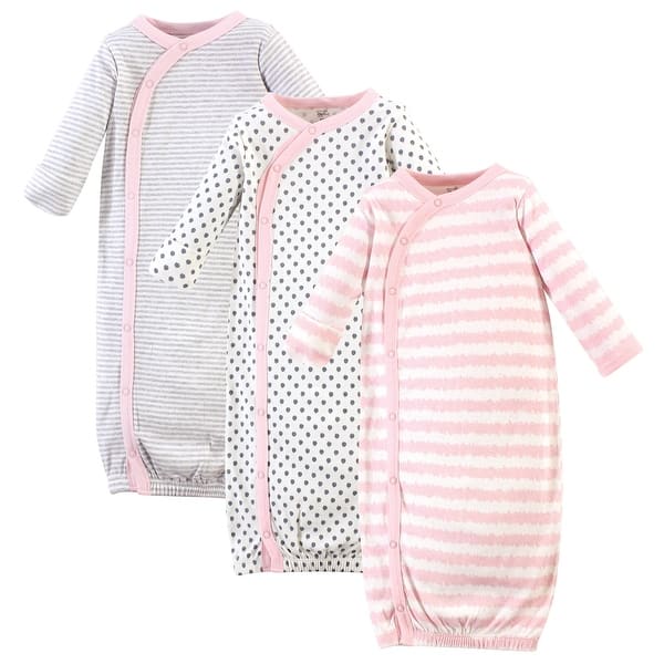 slide 1 of 1, Touched by Nature Baby Girl Organic Cotton Side-Closure Snap Long-Sleeve Gowns 3pk, Pink Gray Scribble 0-6 Months - Pink Gray Scribble