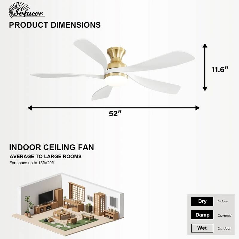 52 Inch Flush Mount Smart Ceiling Fan with Light, APP and Remote Control, Low Profile - 52 inch